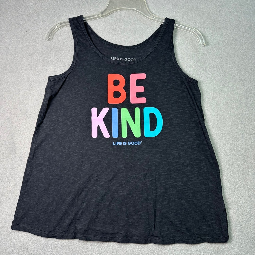 Life is Good Retro Womens Be Kind Graphic Tank‎ Top Black Slub Knit Indie XS